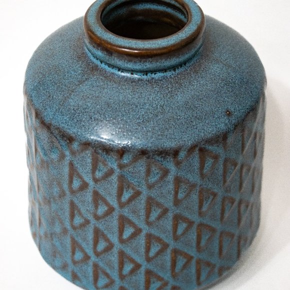 West Elm Pottery Ceramic Flower Vase Round Blue Beige Glazed 7" MCM Boho Decor - Picture 3 of 9